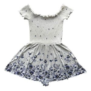 Garage Women’s XS White Blue Floral Off The Shoulder Smocked Romper Boho Coastal